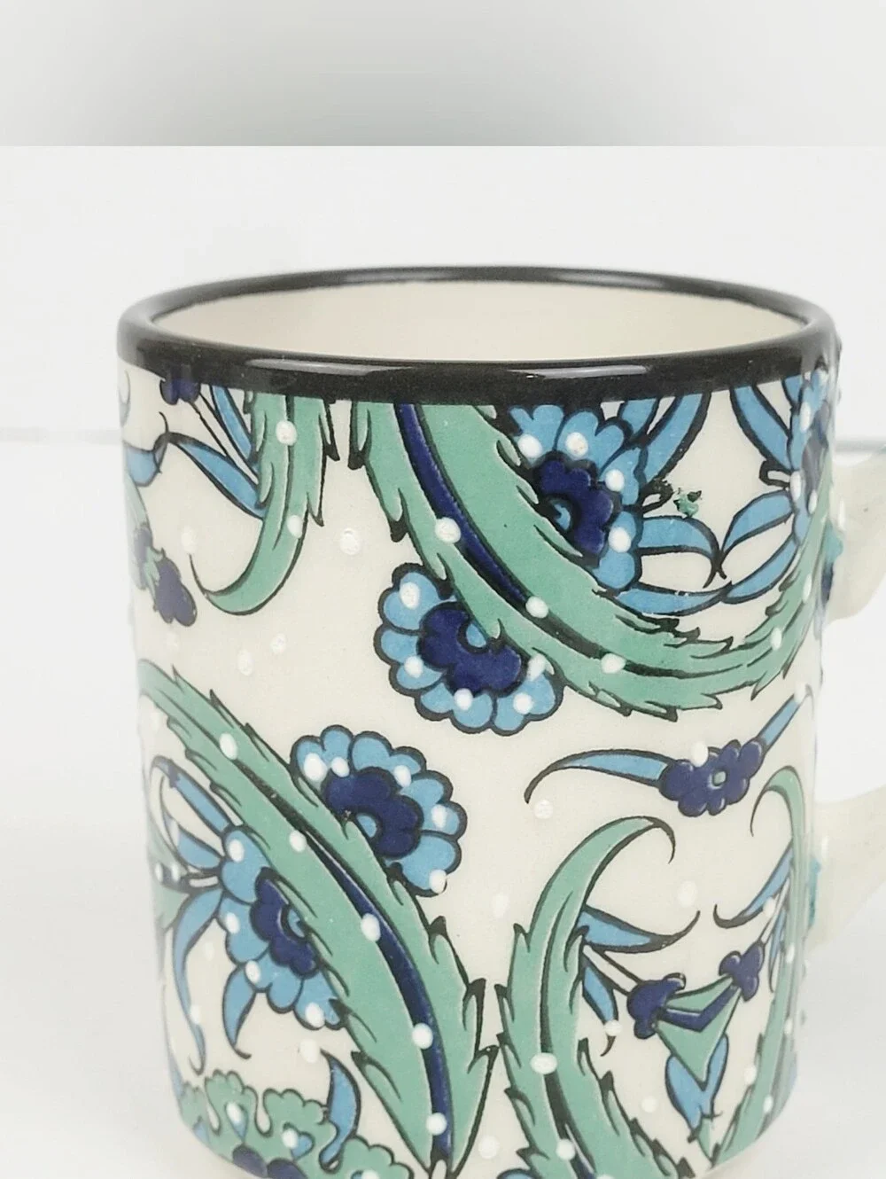 Nakkas Ceramic Hand Painted Mug~Iznik Style Turkey~Blue Green Floral~Set of 2